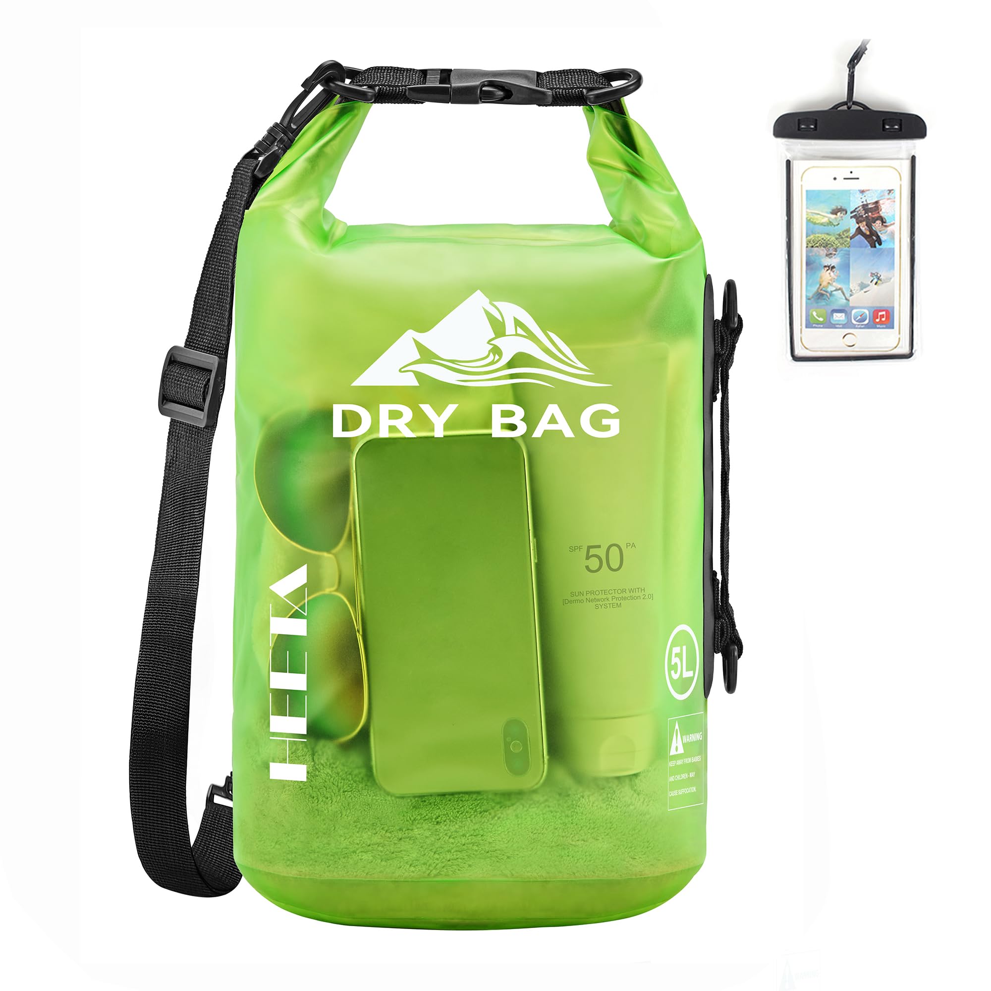 Green waterproof dry bag for kayaking with adjustable shoulder strap and smartphone pouch
