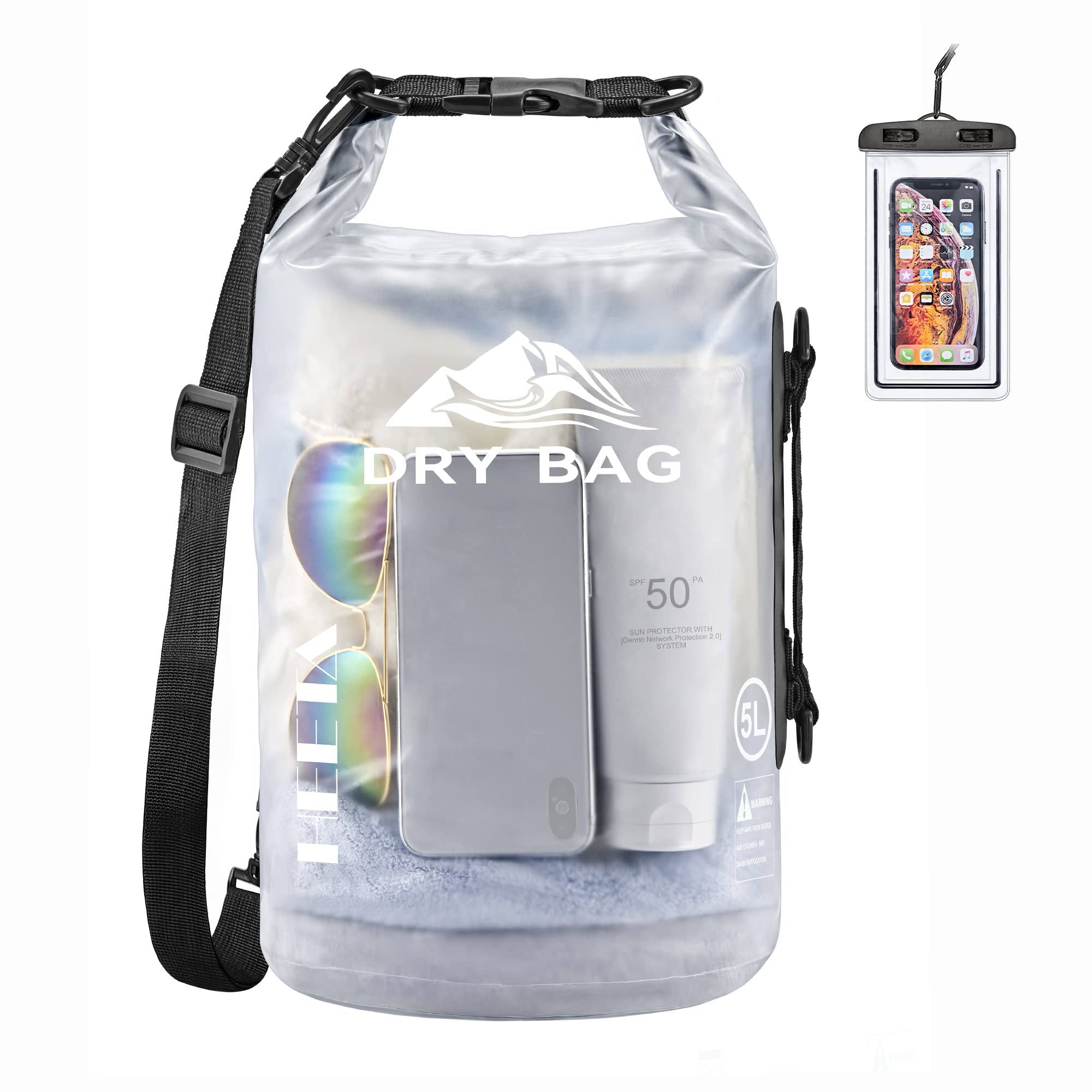 Craques waterproof dry bag for kayaking with transparent design, adjustable strap, and phone waterproof case