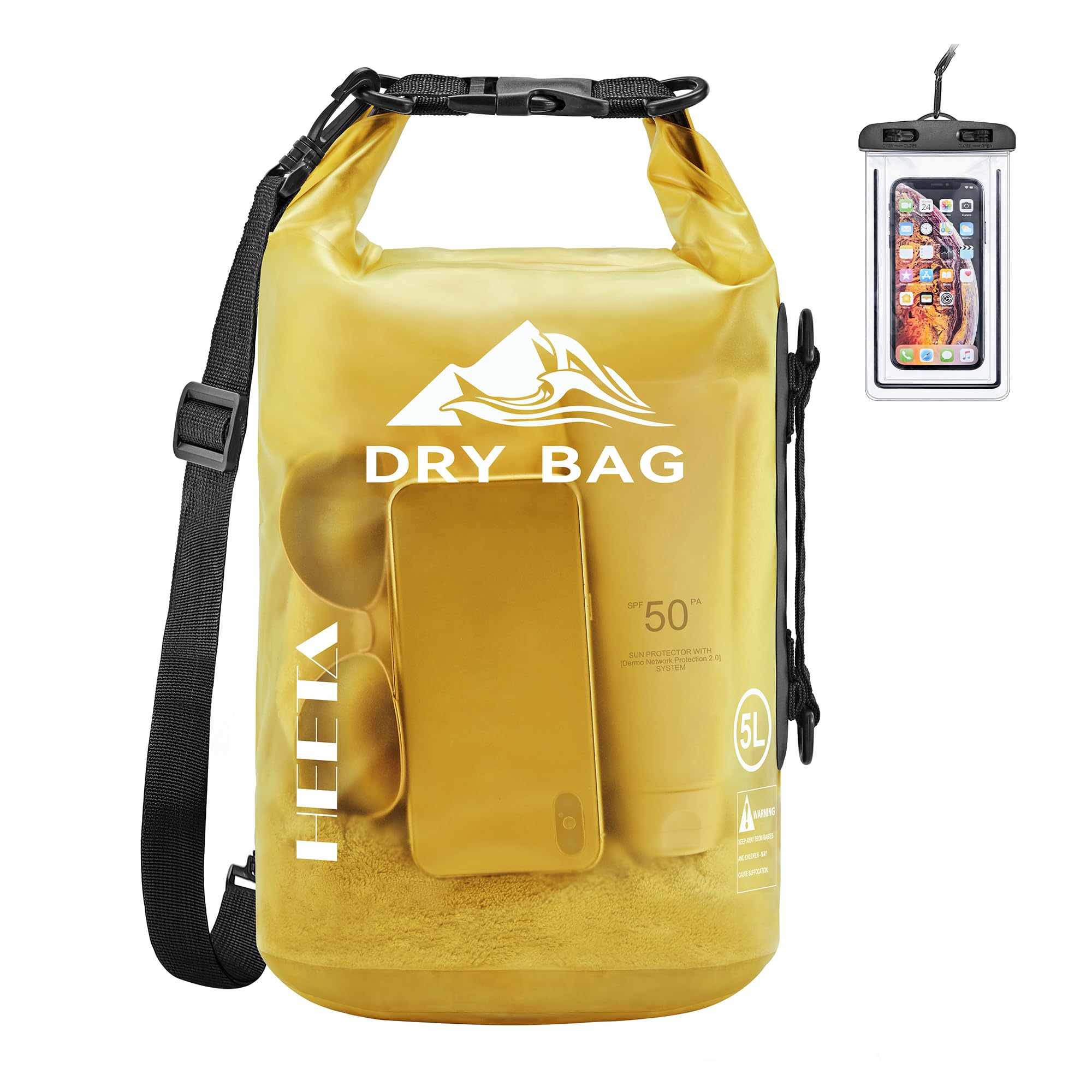 Craques waterproof dry bag for kayaking in yellow with adjustable shoulder strap and clear phone pouch
