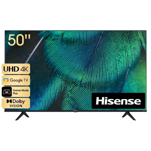 Hisense 50 inch 4K Smart TV with Dolby Vision and Google TV features on sleek black stand