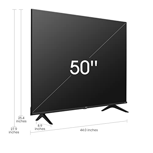 Hisense 50 inch 4K Smart TV with slim bezel design and dual stand legs shown with dimensions