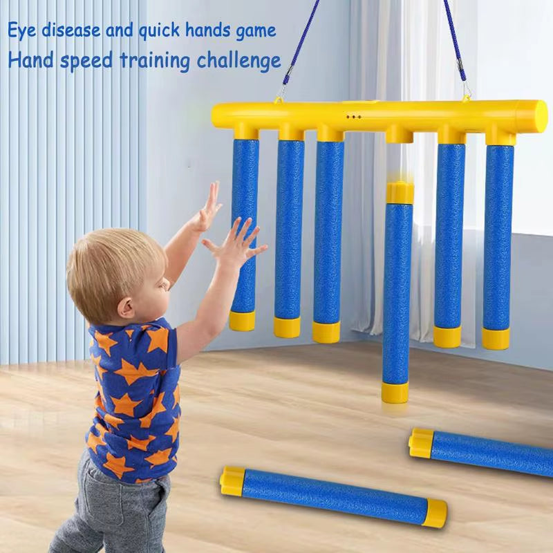 craques kids reaction training game with hanging yellow and blue rods for hand speed and eye coordination