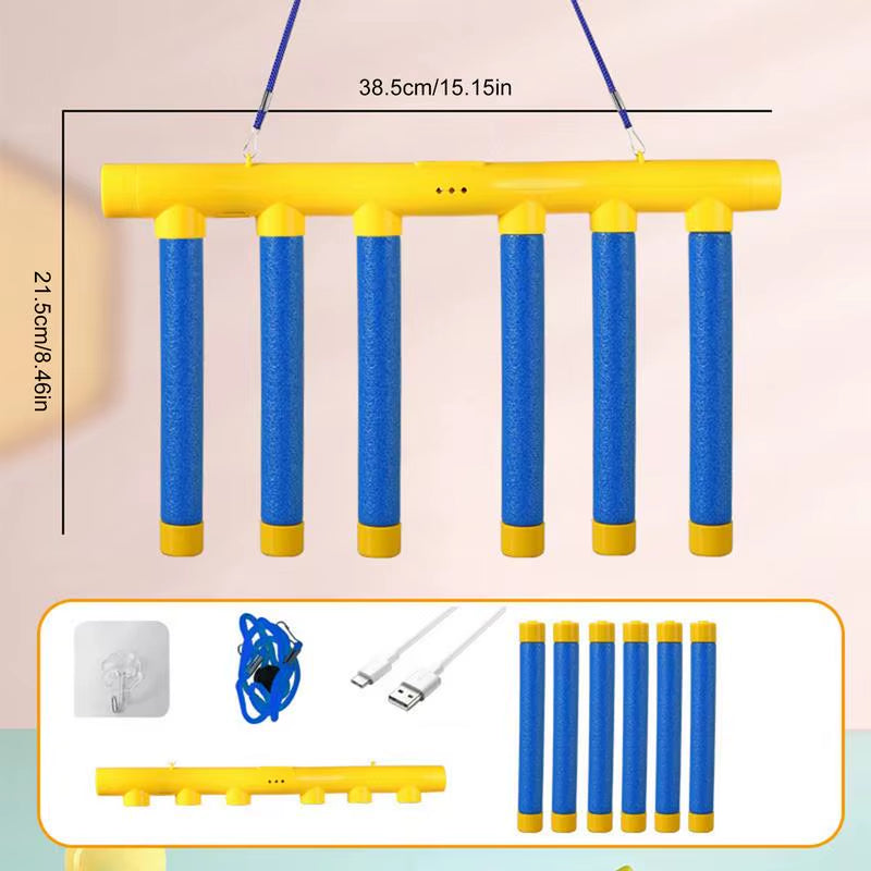 Craques kids reaction training game with six blue foam sticks hanging from yellow bar and included accessories