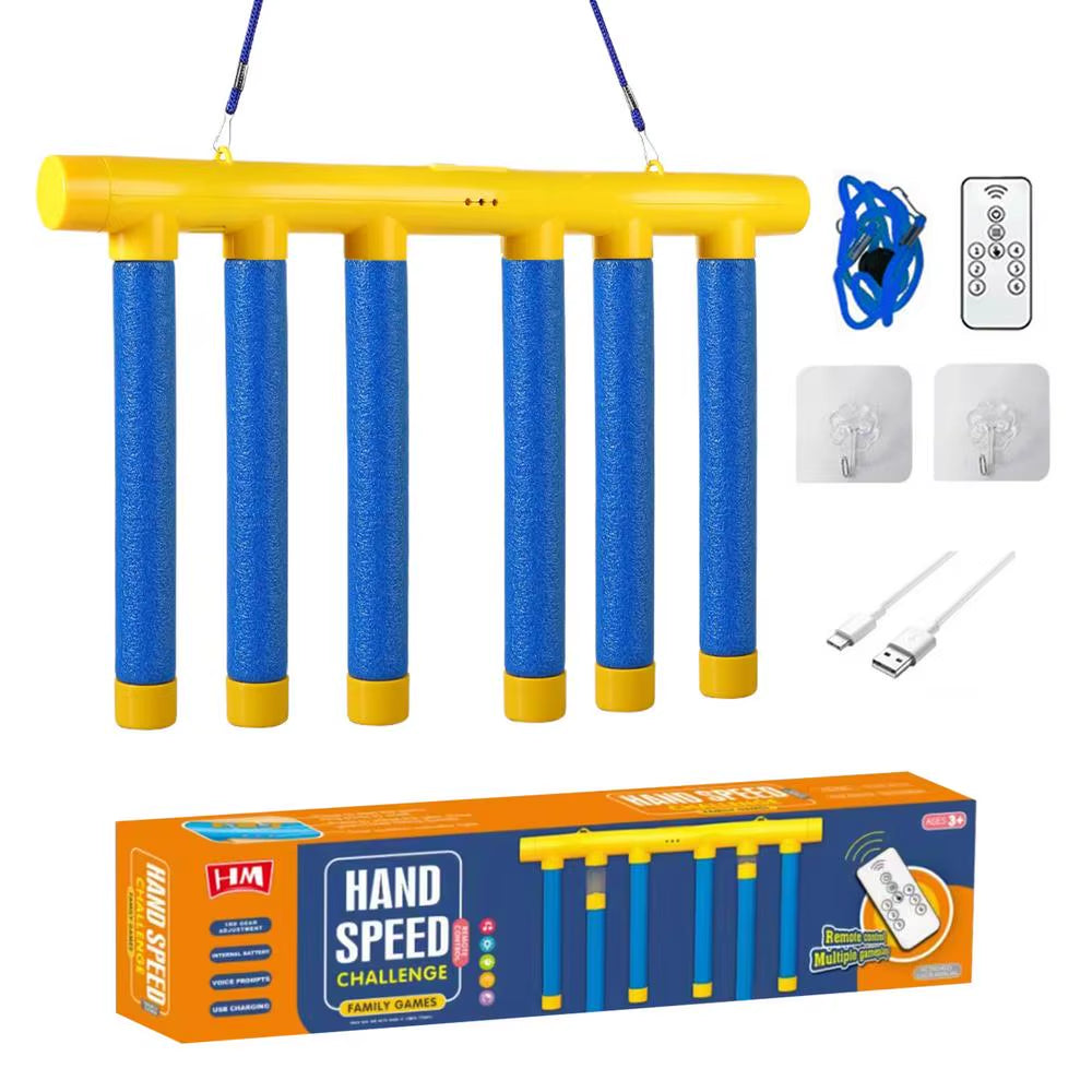 Craques kids reaction training game with yellow and blue hanging bars remote and USB charging cable