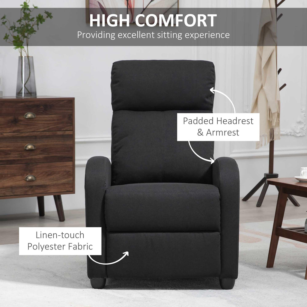 HOMCOM push back recliner chair in black with padded headrest and armrest made of linen-touch polyester fabric