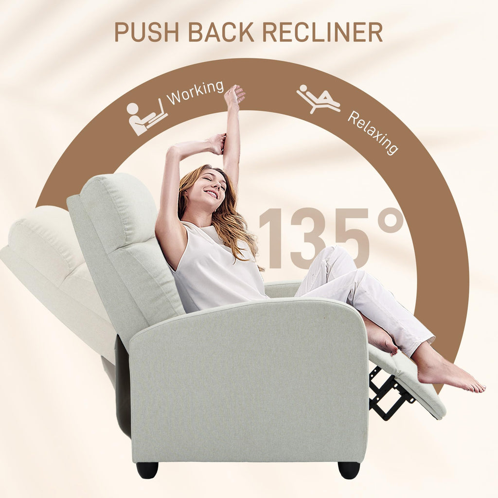 HOMCOM push back recliner chair in light gray fabric with reclining feature up to 135 degrees for working and relaxing