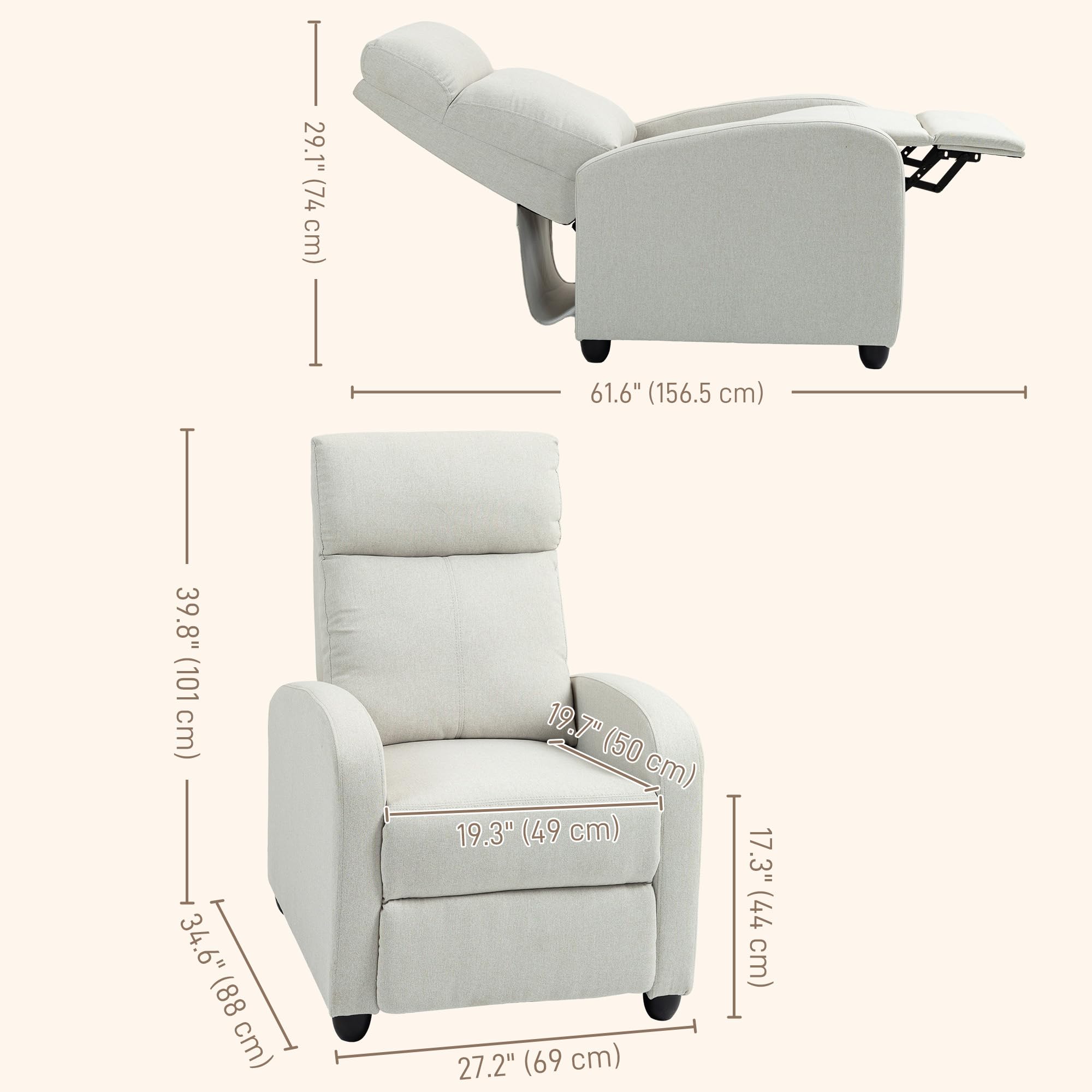 HOMCOM push back recliner chair in light gray fabric with detailed dimensions for height width and depth