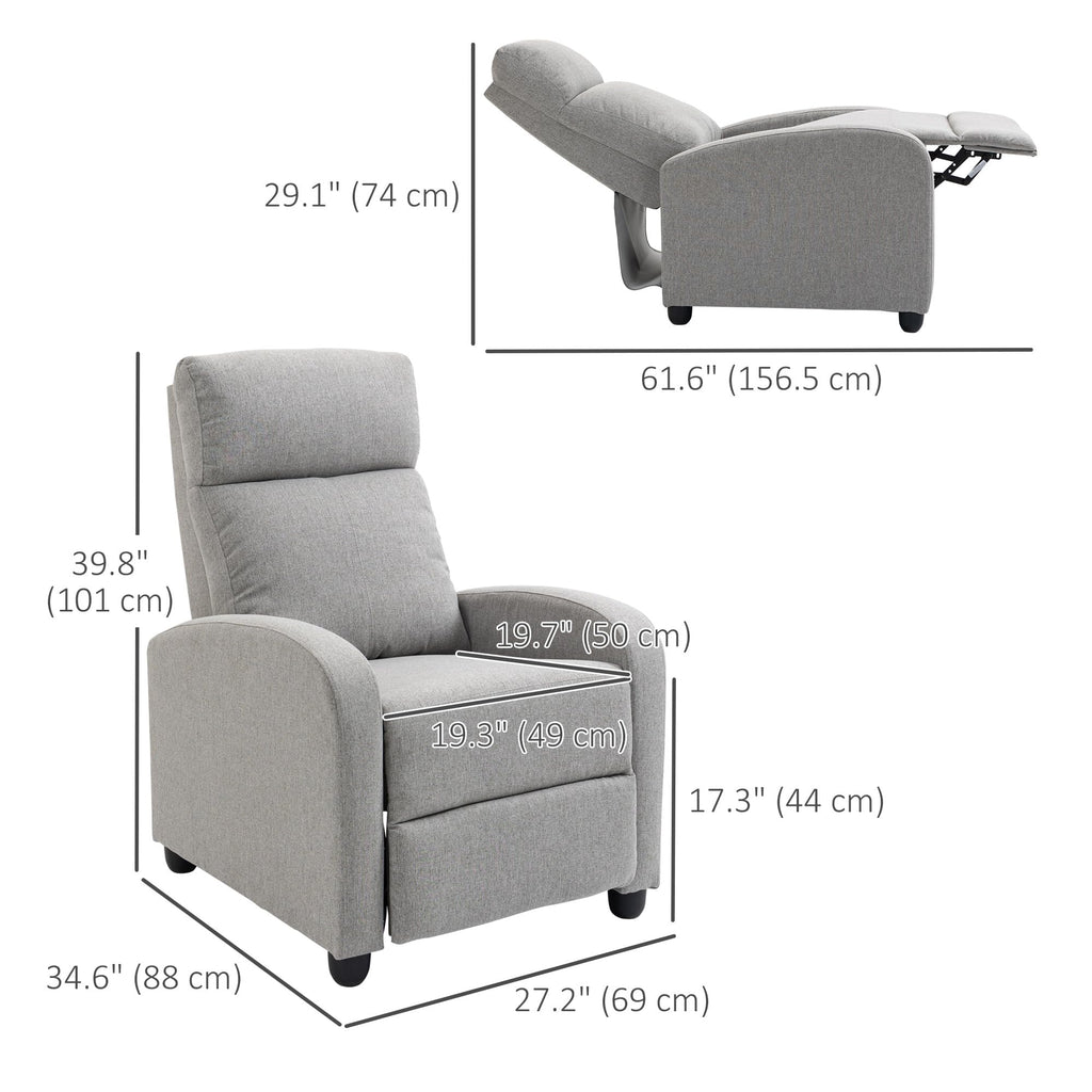 HOMCOM push back recliner chair in gray fabric with detailed dimensions for living room comfort