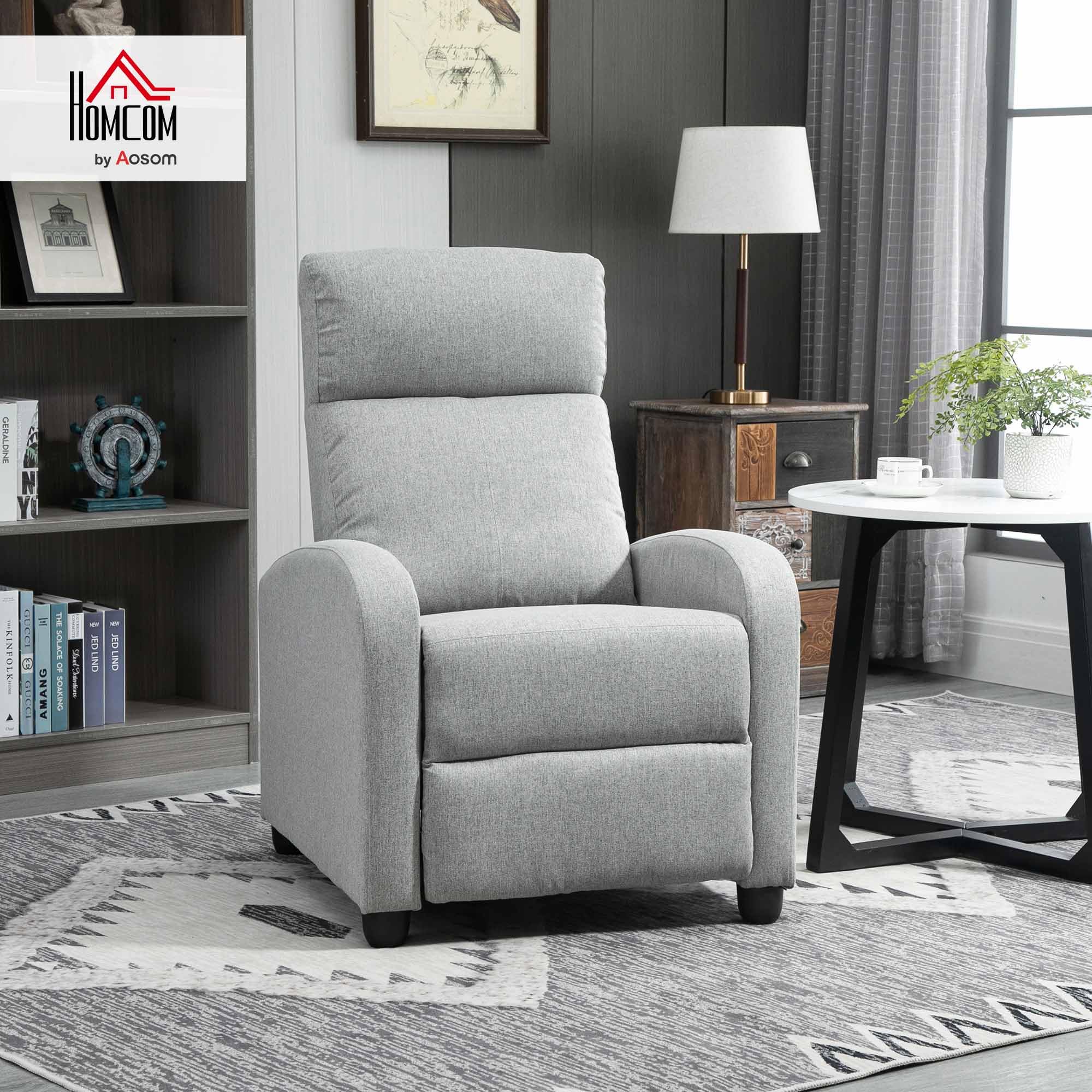 HOMCOM push back recliner chair in light gray fabric with padded armrests in modern living room