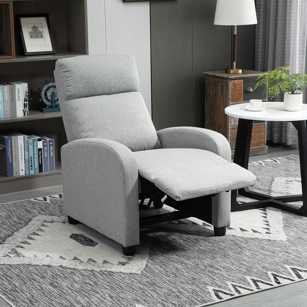 Gray fabric HOMCOM push back recliner chair with cushioned armrests and footrest extended in living room