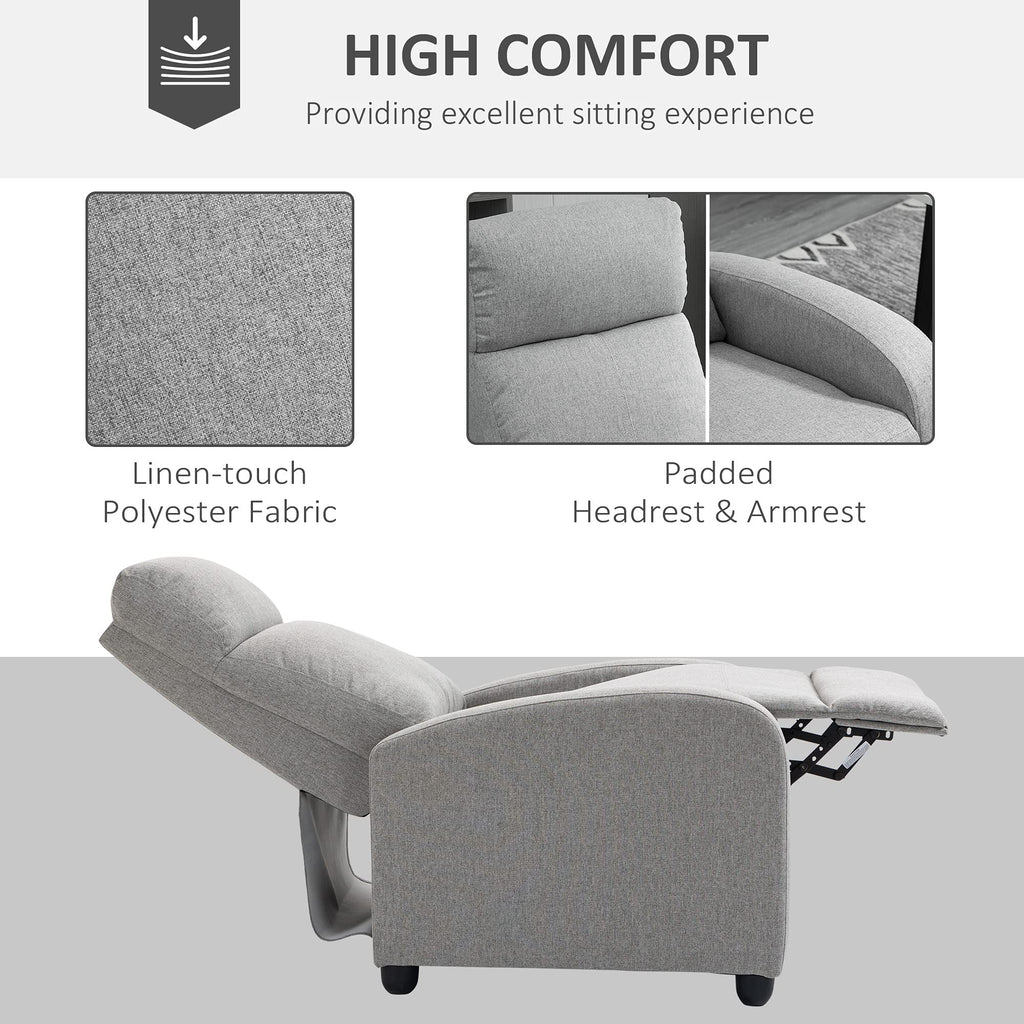 HOMCOM push back recliner chair in gray linen-touch polyester fabric with padded headrest and armrest