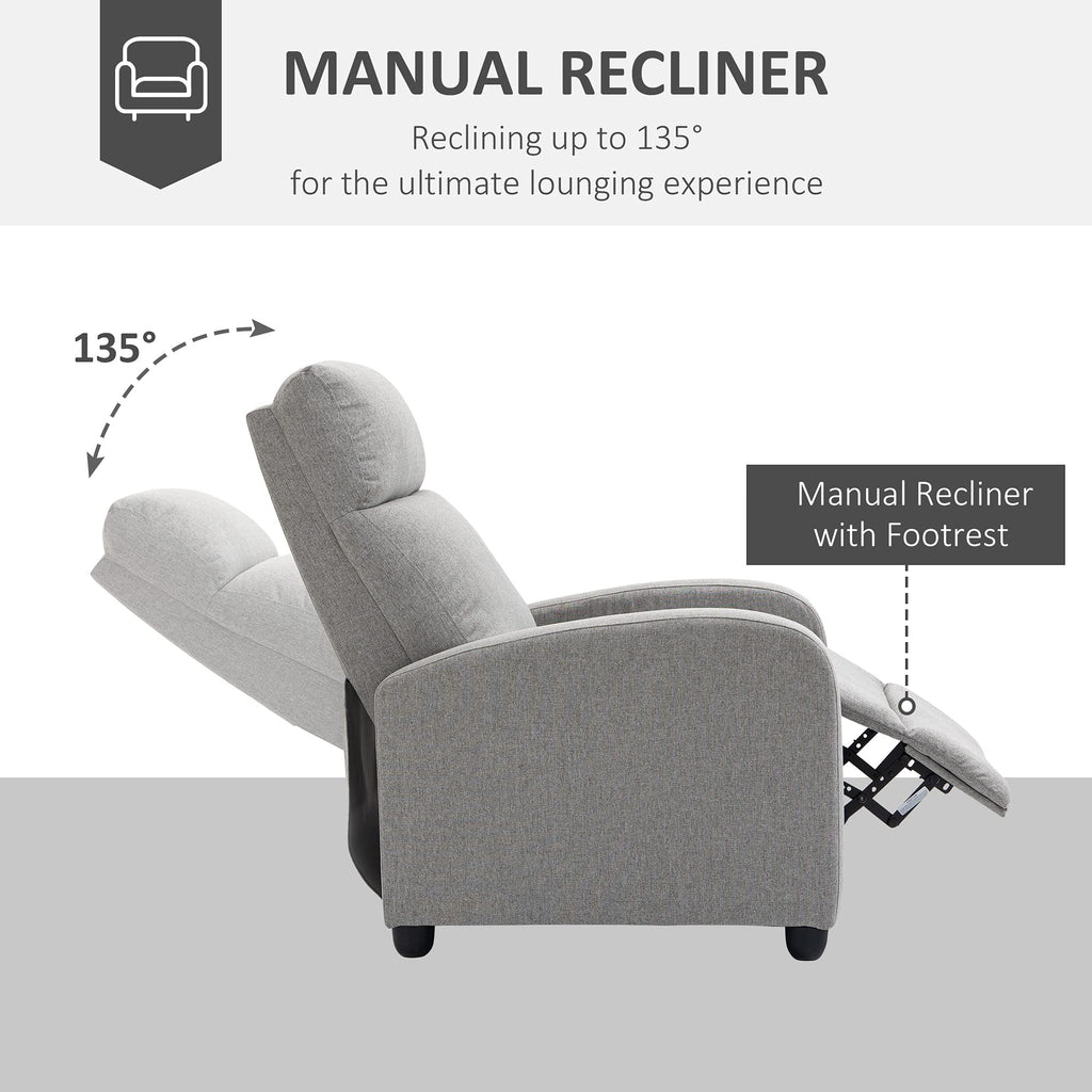 HOMCOM push back recliner chair in gray fabric reclining up to 135 degrees with manual footrest