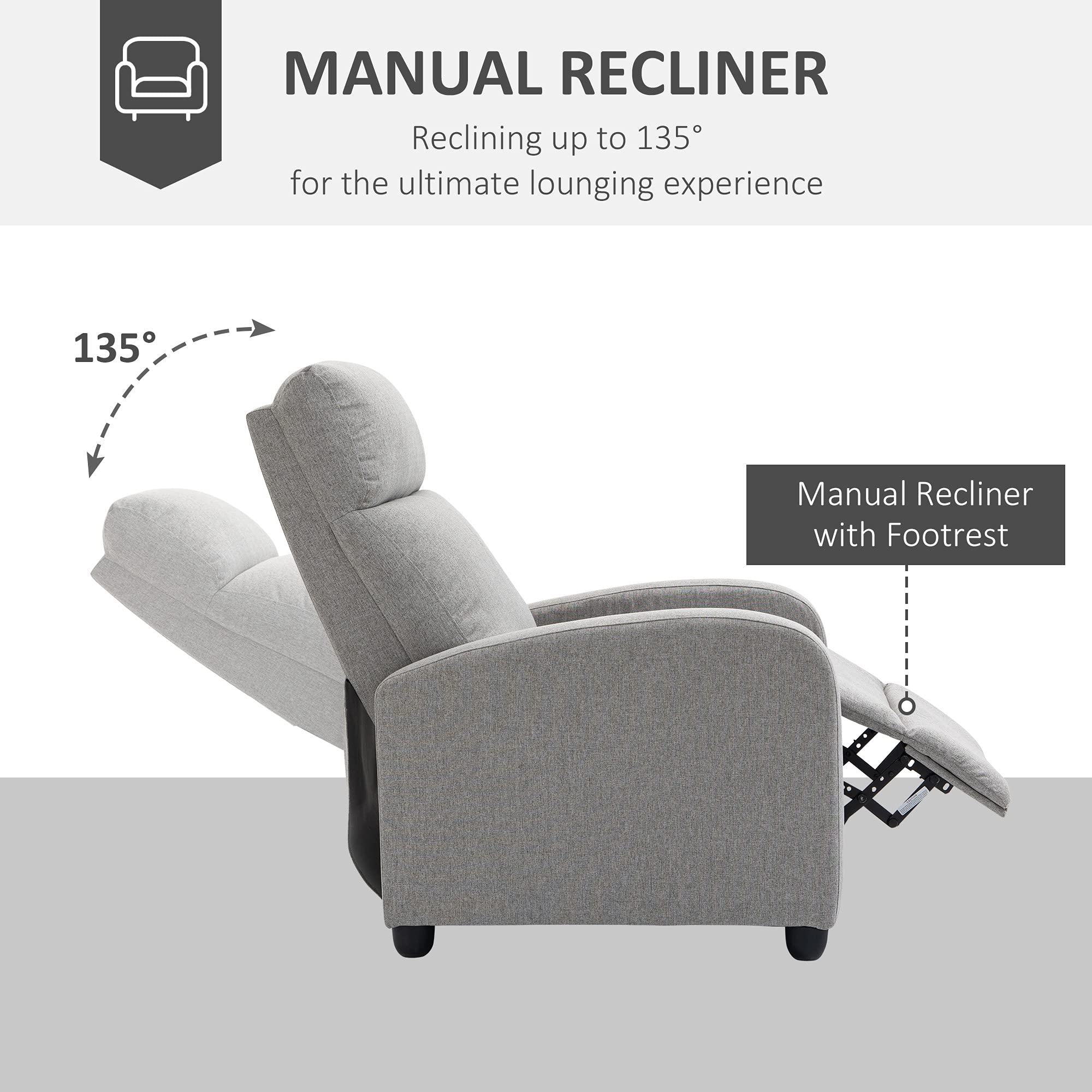 HOMCOM push back recliner chair in gray fabric reclining up to 135 degrees with manual footrest