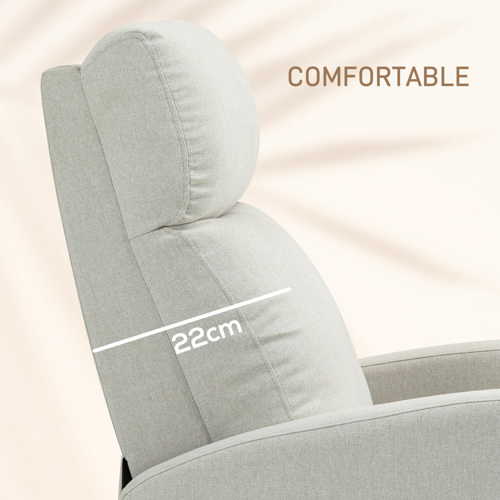 Close-up of beige HOMCOM push back recliner chair showing comfortable padded headrest and back cushion