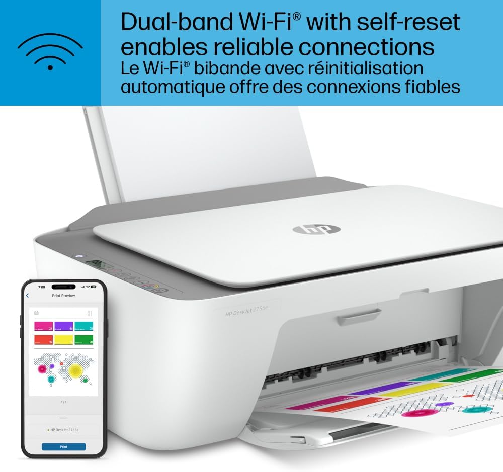 HP DeskJet 2855e wireless printer with dual-band Wi-Fi and mobile printing from smartphone