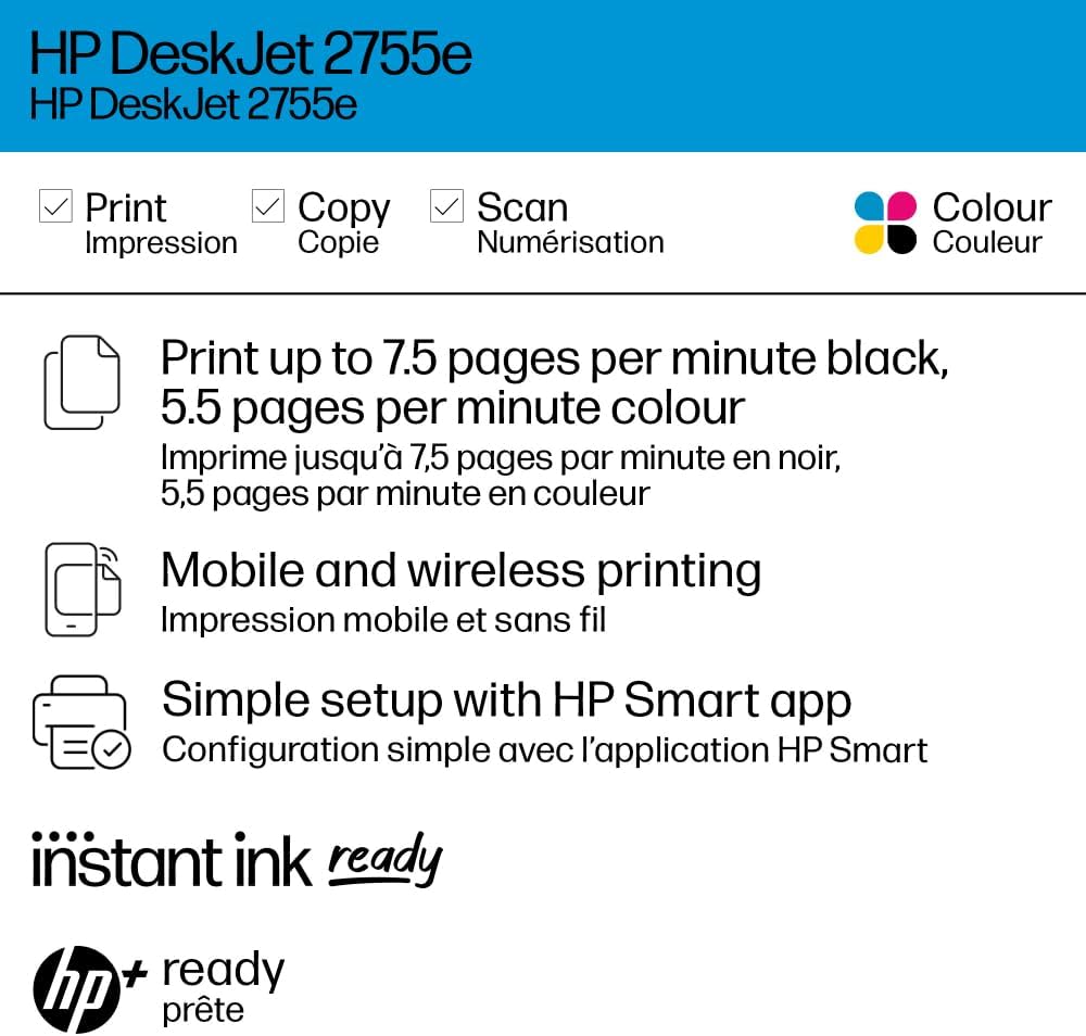 HP DeskJet 2855e wireless printer features print copy scan color mobile wireless printing and simple setup