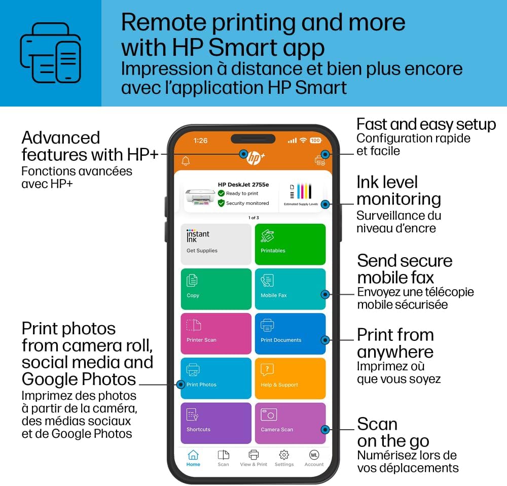 HP DeskJet 2855e wireless printer features with mobile app showing remote printing, ink monitoring, and fast setup
