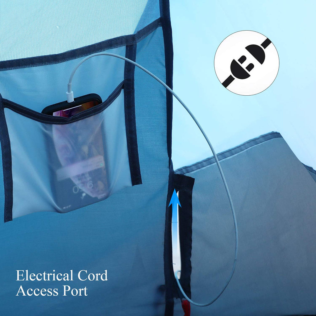 Electrical cord access port inside blue 6 person pop up camping tent by craques