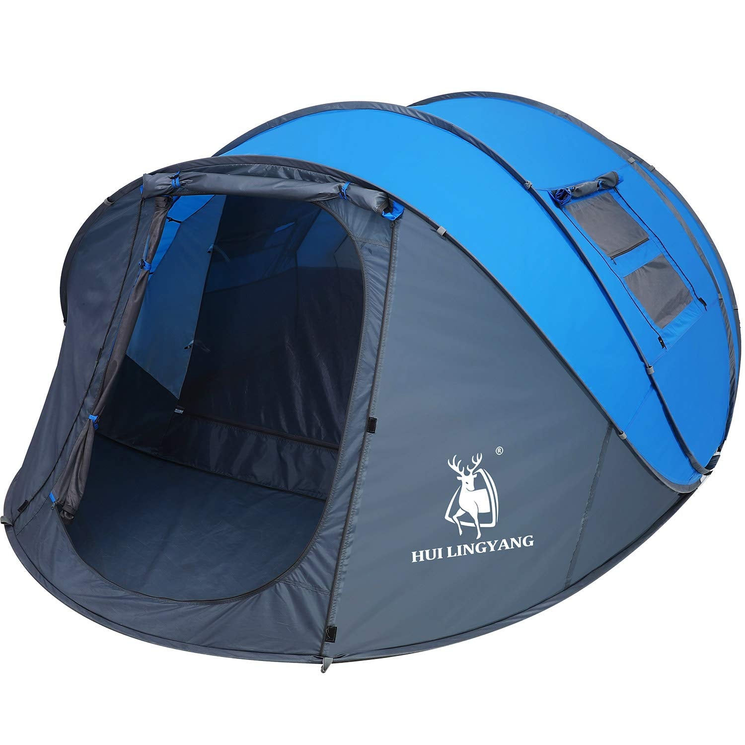 Craques 6 person pop up camping tent in blue and gray with mesh windows and easy setup design
