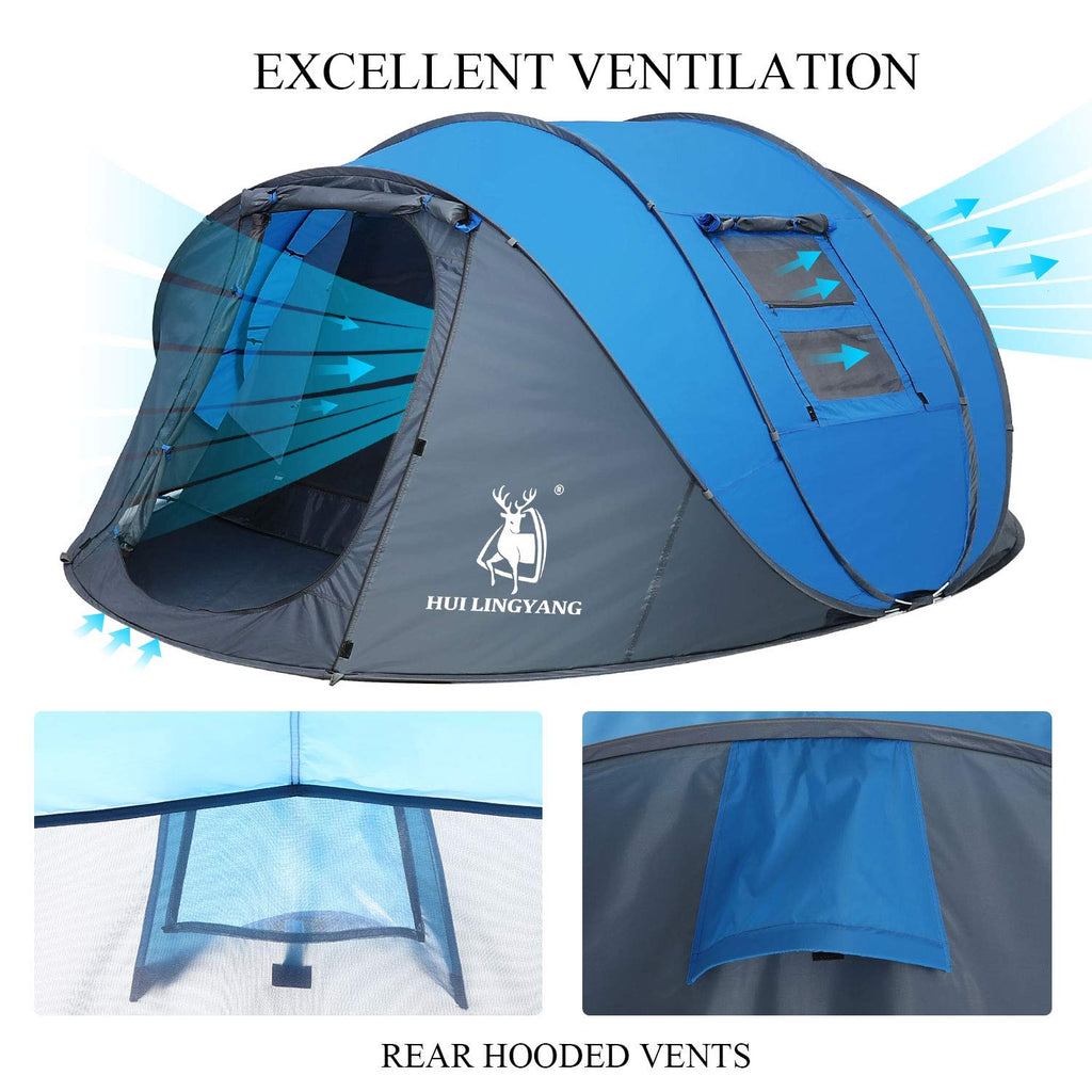 Craques 6 person pop up camping tent in blue and gray showcasing excellent ventilation and rear hooded vents
