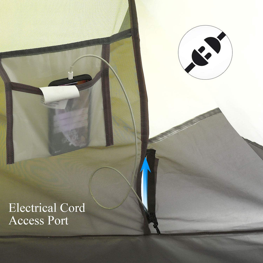 Electrical cord access port inside craques 6 person pop up camping tent for convenient power use