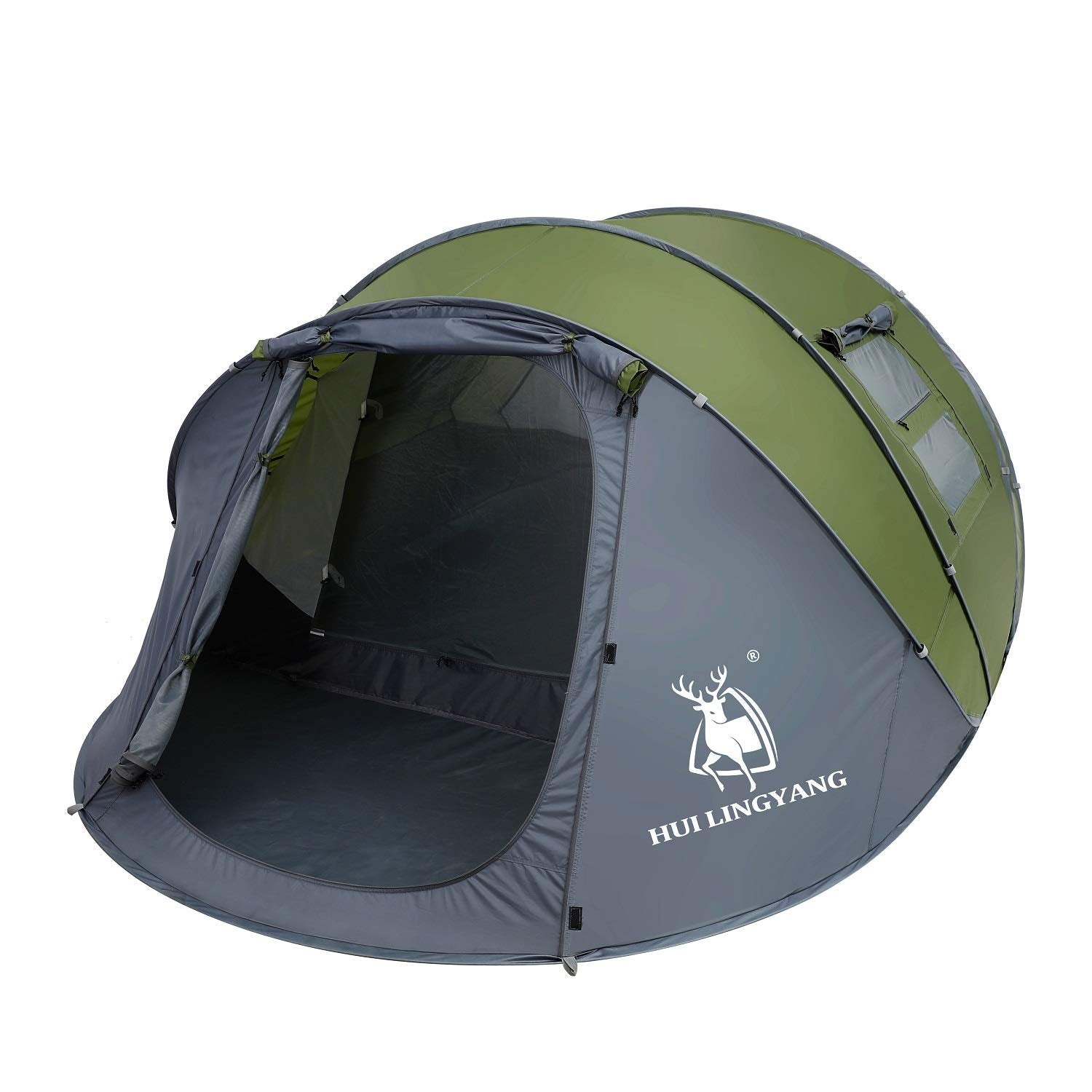 Craques 6 person pop up camping tent in green and gray with mesh windows and easy setup design