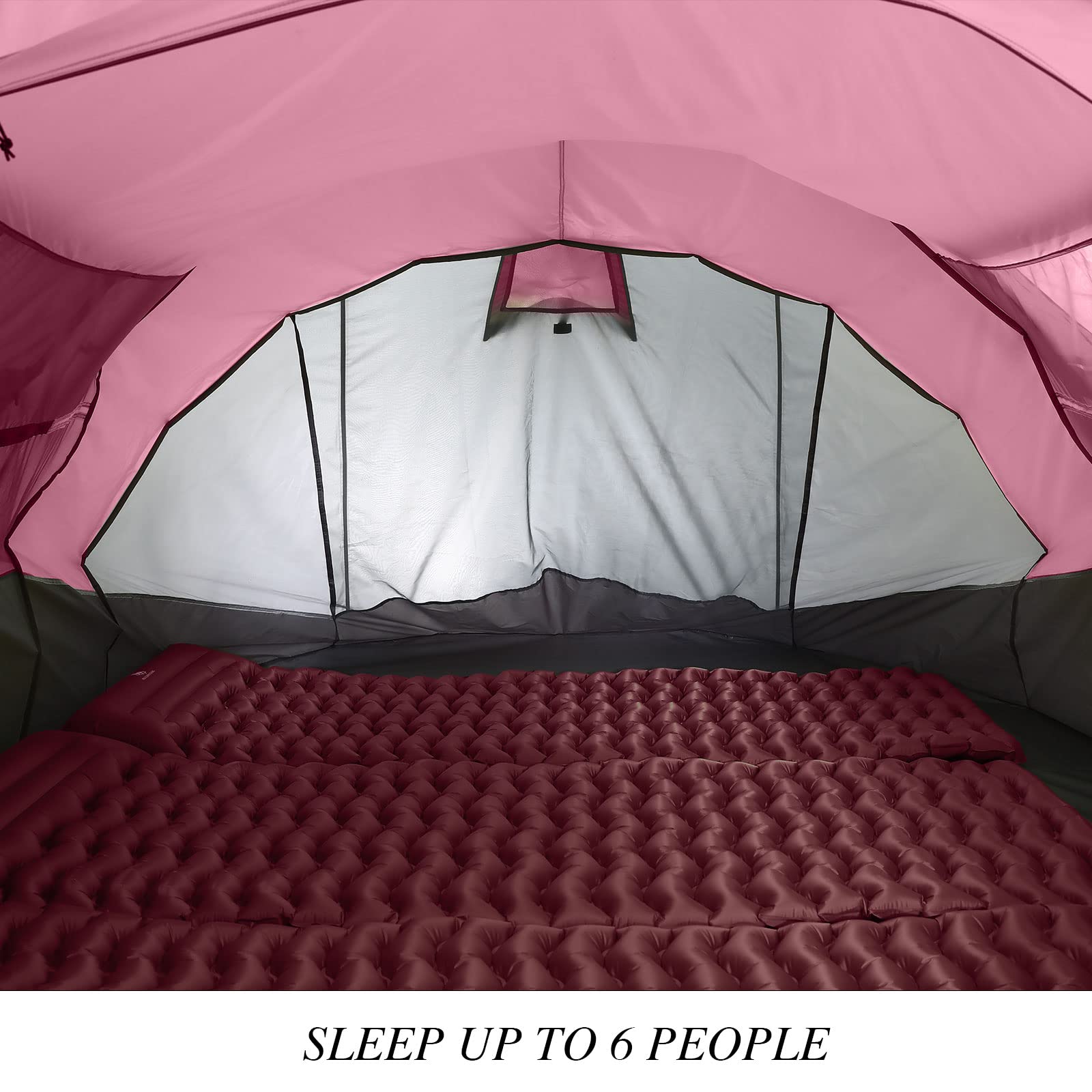 Interior view of craques 6 person pop up camping tent with inflatable sleeping pads inside