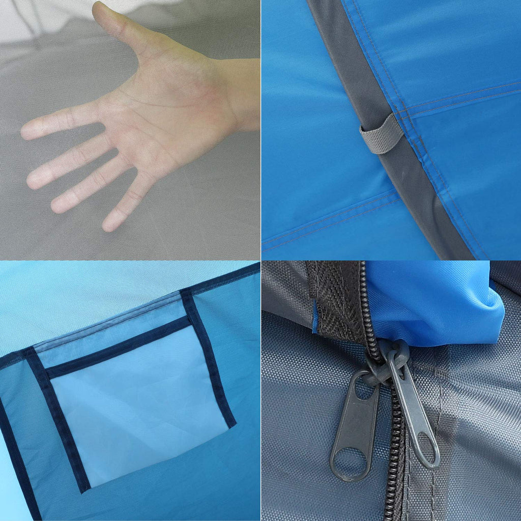 Details of craques 6 person pop up camping tent showing mesh fabric, zipper, pocket, and strap features