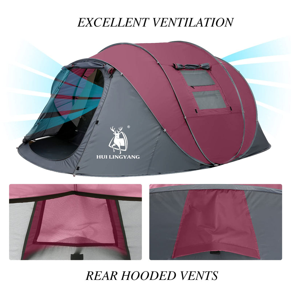 Craques 6 person pop up camping tent in burgundy and gray with ventilation and rear hooded vents