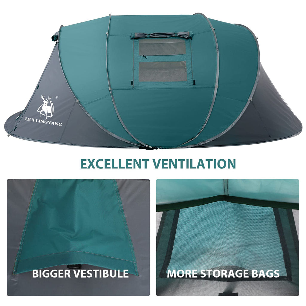 Craques 6 person pop up camping tent in green and gray with ventilation, vestibule, and storage bags