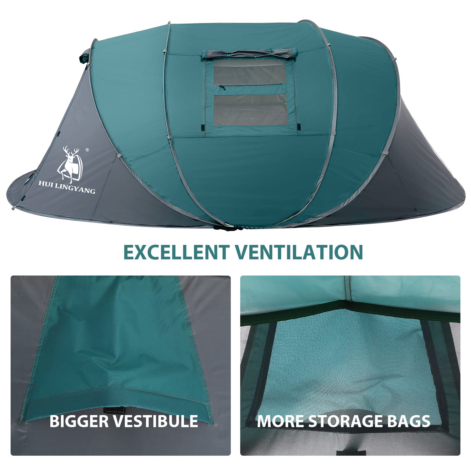 Craques 6 person pop up camping tent in green and gray with ventilation, vestibule, and storage bags