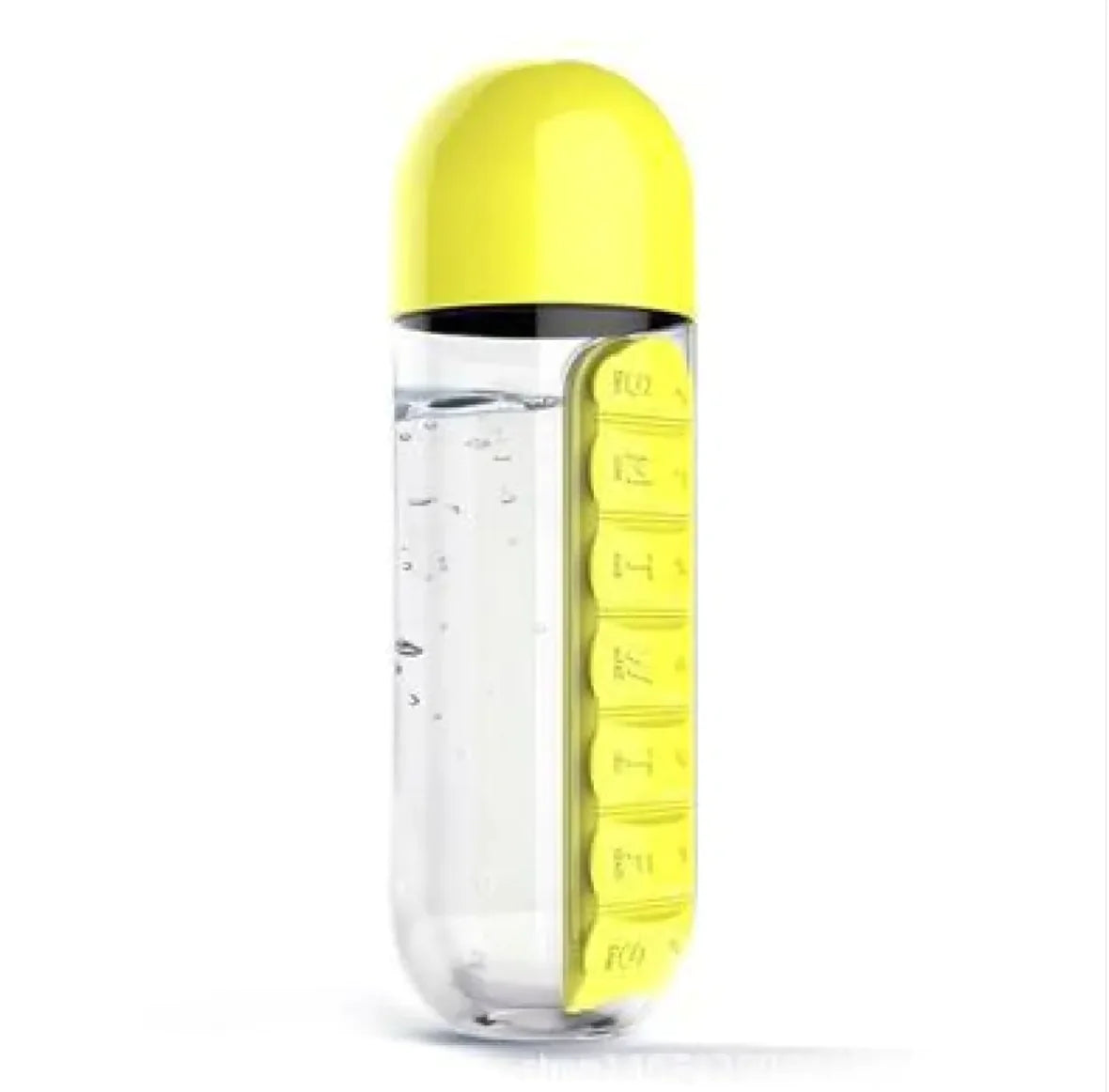 Craques yellow hybrid pill bottle water bottle with pill compartments and clear water section