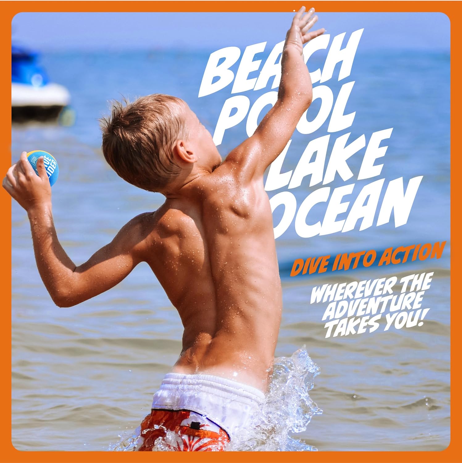 Boy playing with skipping water balls for kids at the beach in shallow ocean water