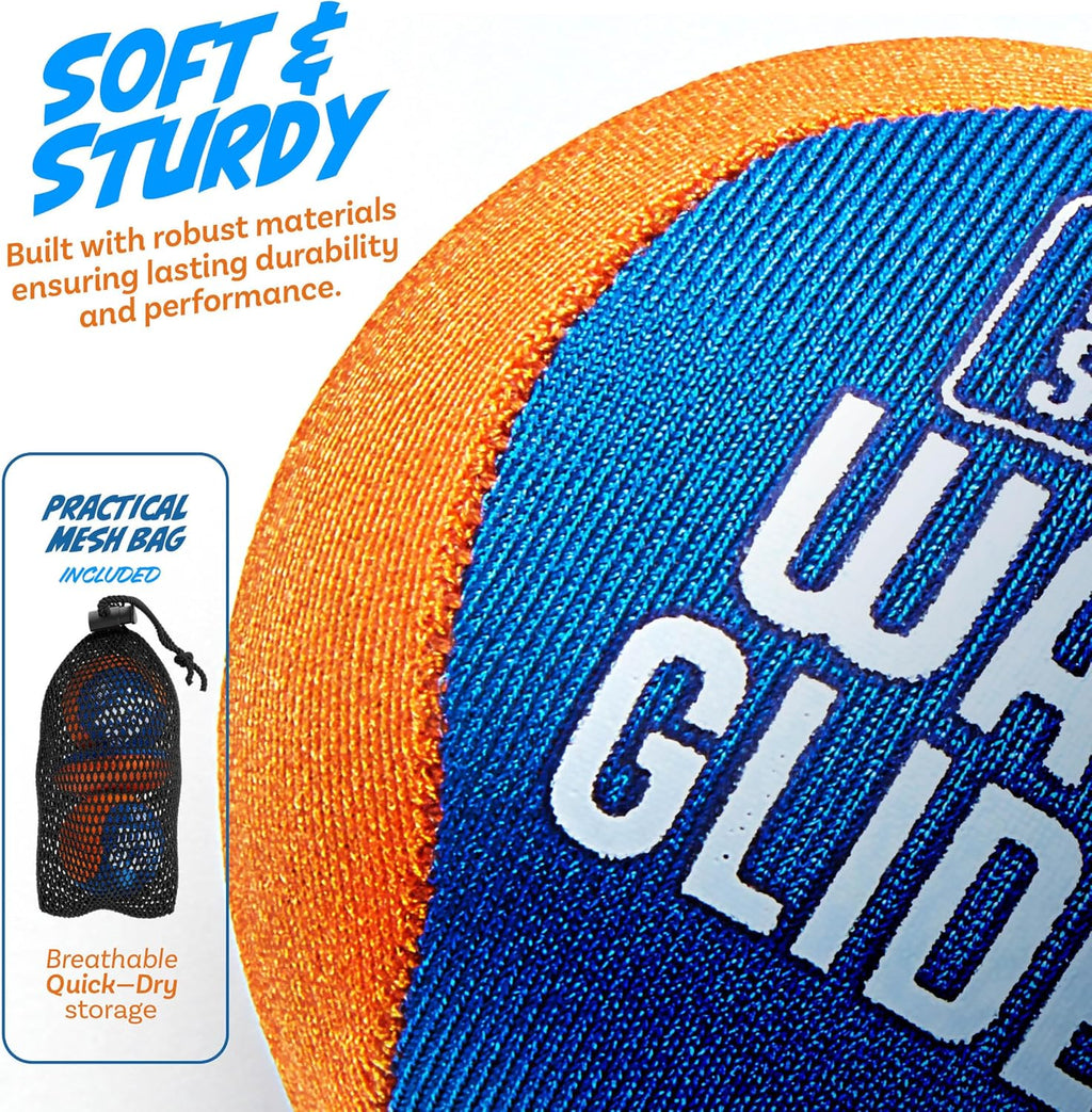 Close-up of durable skipping water balls for kids in blue and orange with mesh storage bag