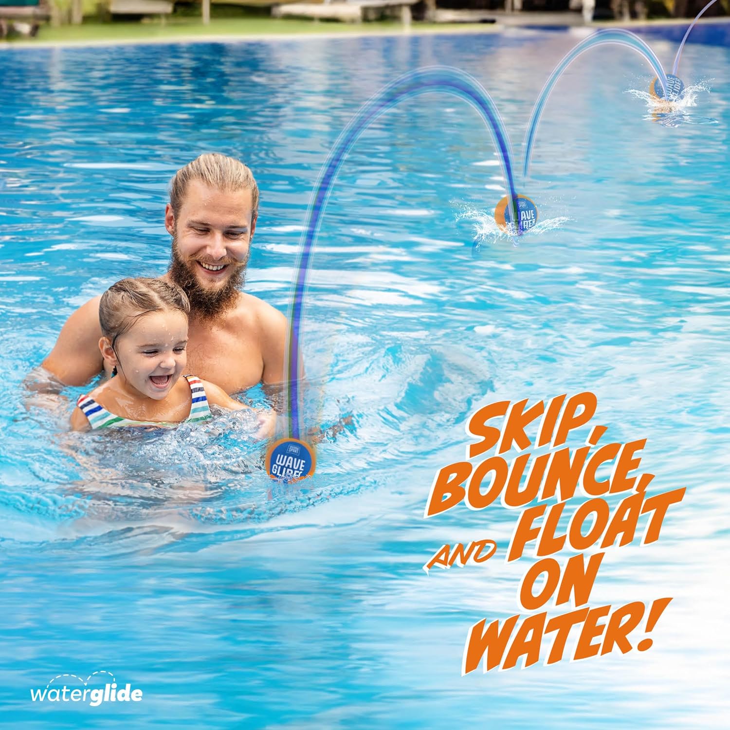 Happy father and daughter playing with skipping water balls for kids in a blue swimming pool