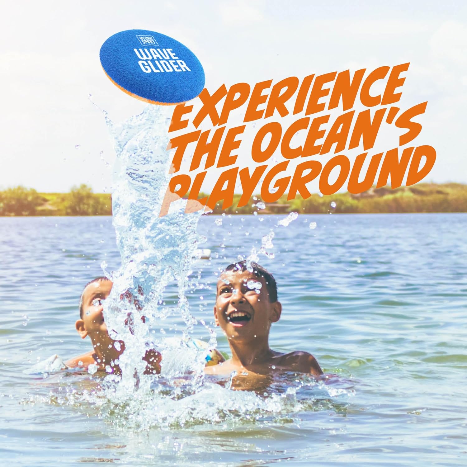 Kids playing with skipping water balls for kids in the ocean creating splashes and having fun