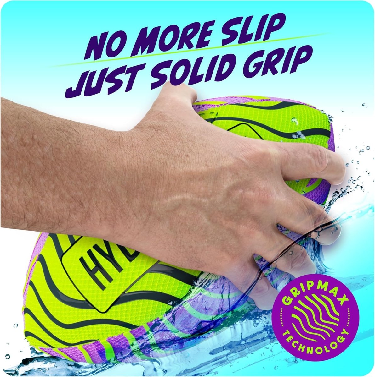 Hand gripping a vibrant yellow and purple water football ball with GripMax technology for solid grip in water