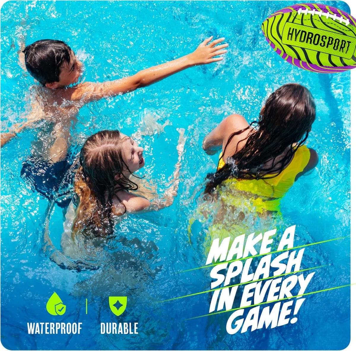 Children playing with a colorful water football ball in a pool showing waterproof and durable features