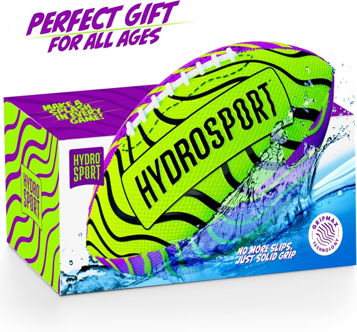 Hydrosport water football ball in bright green and purple with solid grip technology in branded packaging
