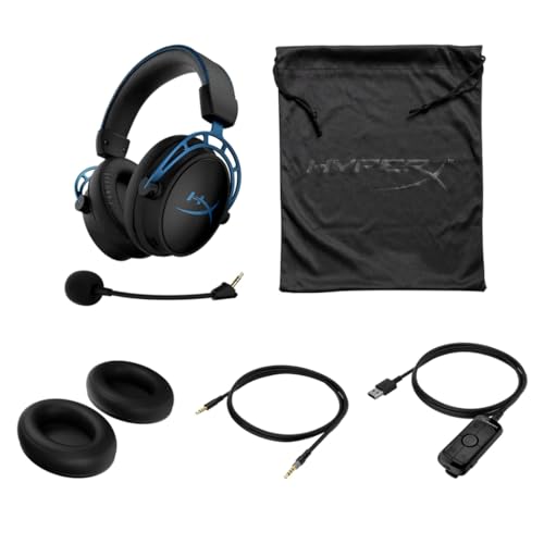 HyperX Cloud Alpha gaming headset with detachable microphone, extra ear cushions, cables, and carrying pouch