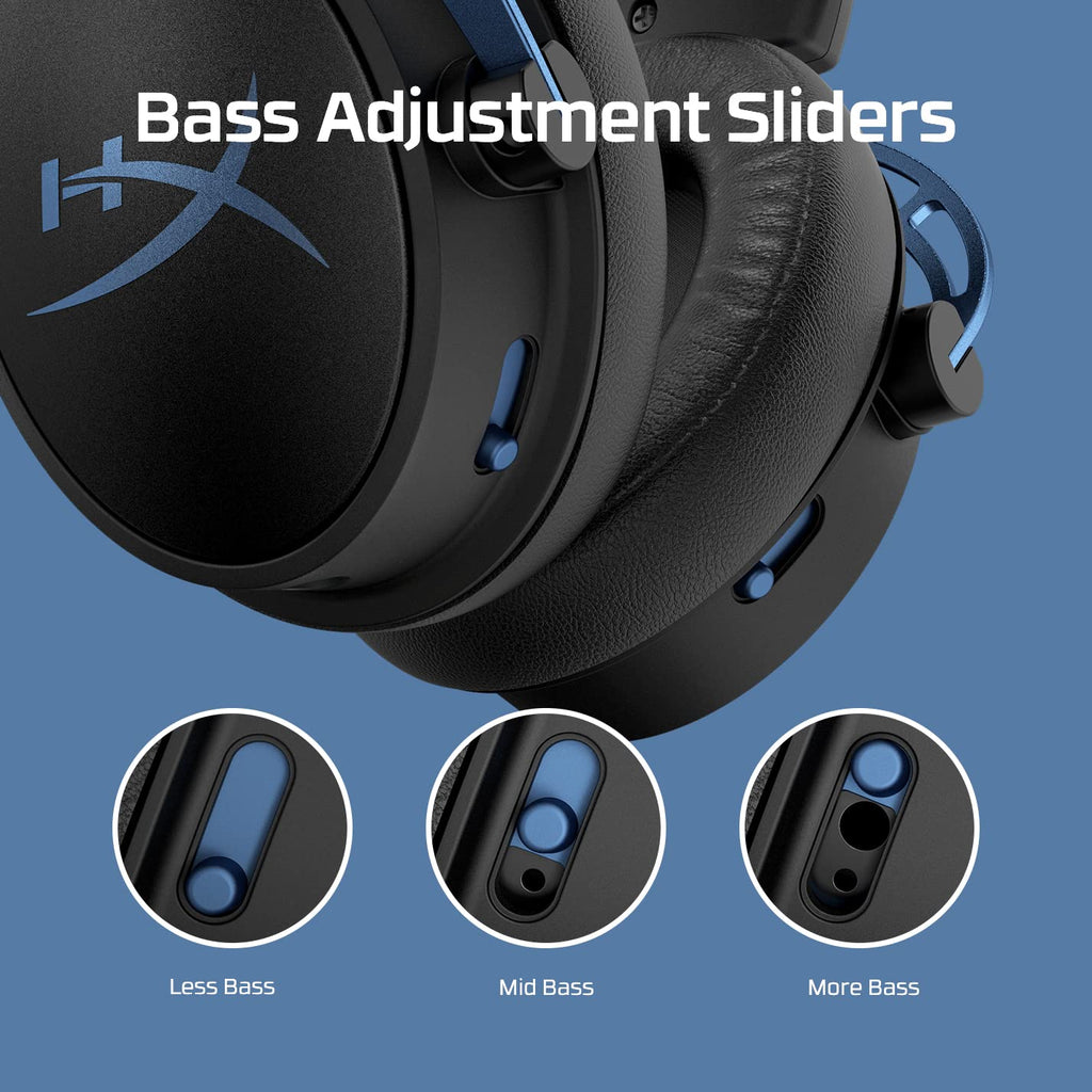 Close-up of HyperX Cloud Alpha gaming headset showing bass adjustment sliders with less, mid, and more bass settings