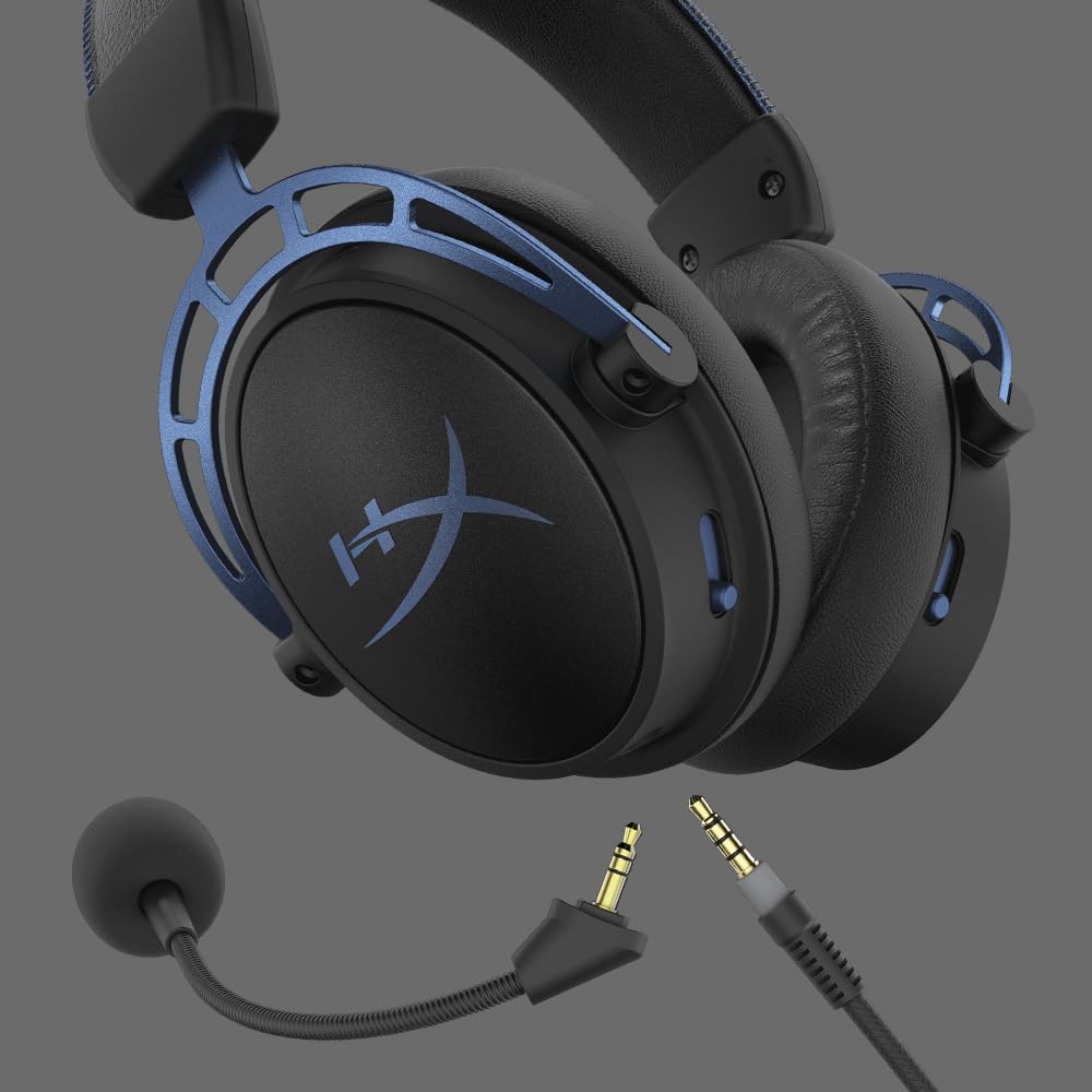HyperX Cloud Alpha gaming headset with detachable microphone and dual audio cables in black and blue