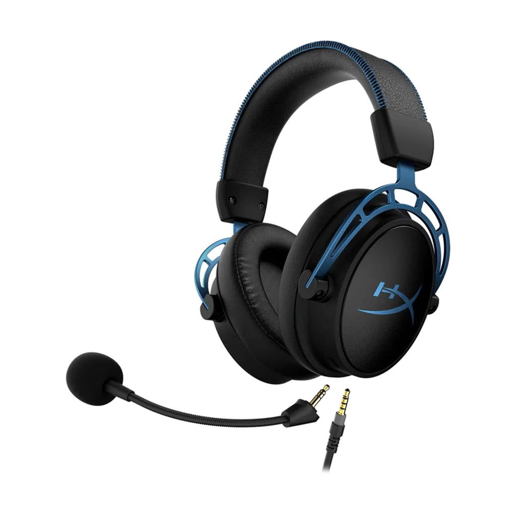HyperX Cloud Alpha gaming headset in black and blue with detachable microphone and dual audio jacks