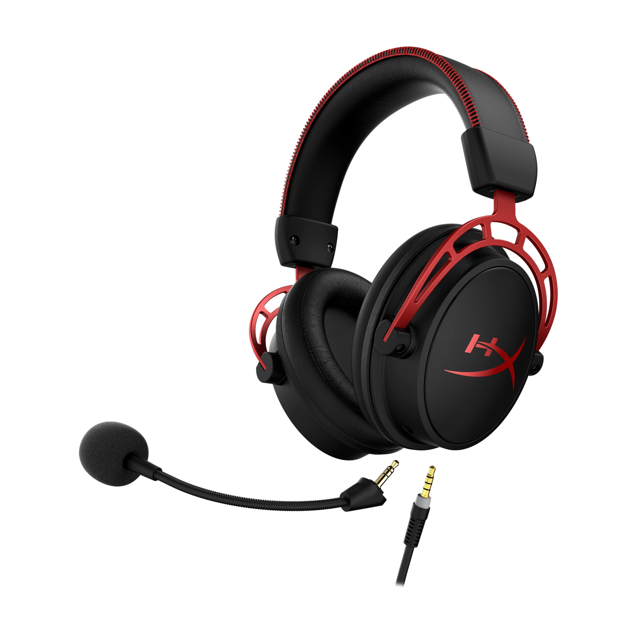 Black and red HyperX Cloud Alpha gaming headset with detachable microphone and audio cable