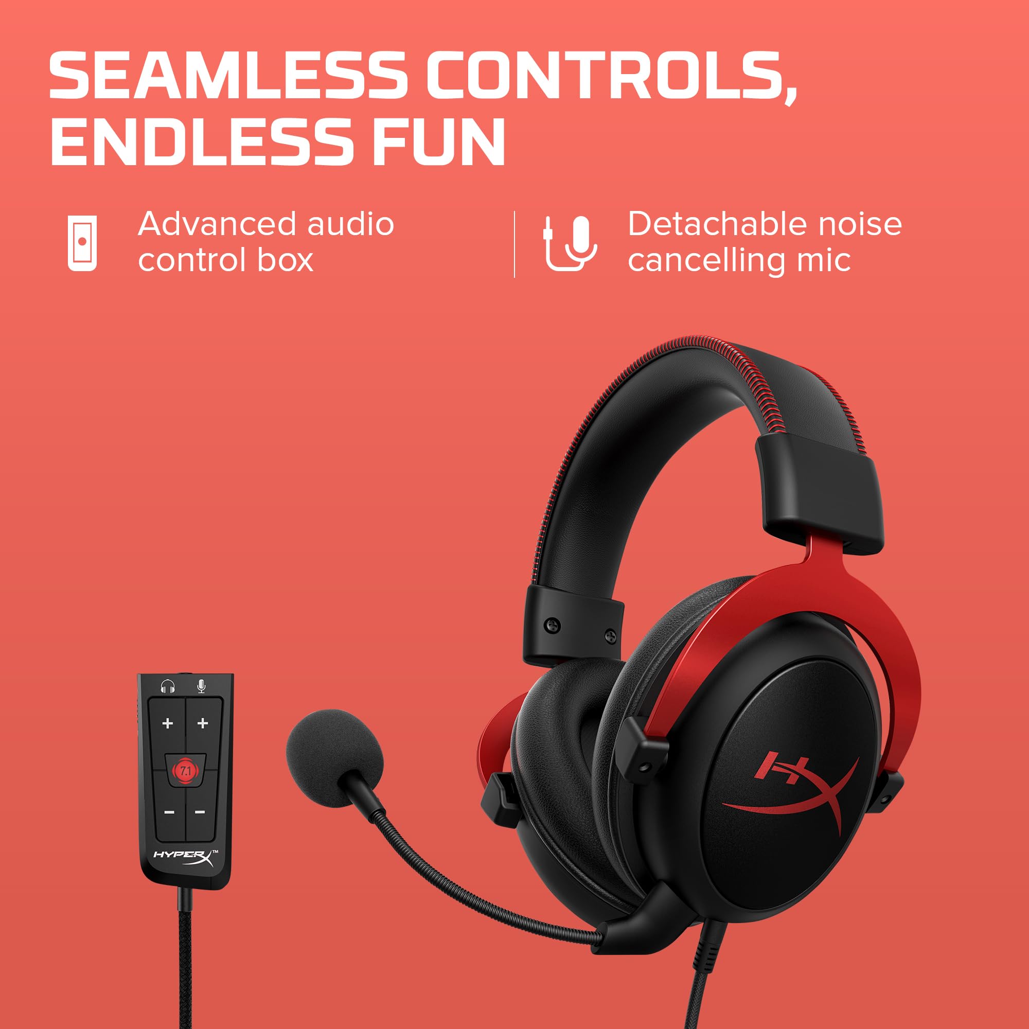 HyperX Cloud II gaming headset in black and red with detachable noise cancelling mic and advanced audio control box
