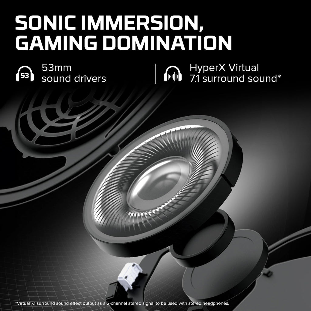 Close-up of HyperX Cloud II gaming headset 53mm sound drivers with virtual 7.1 surround sound feature