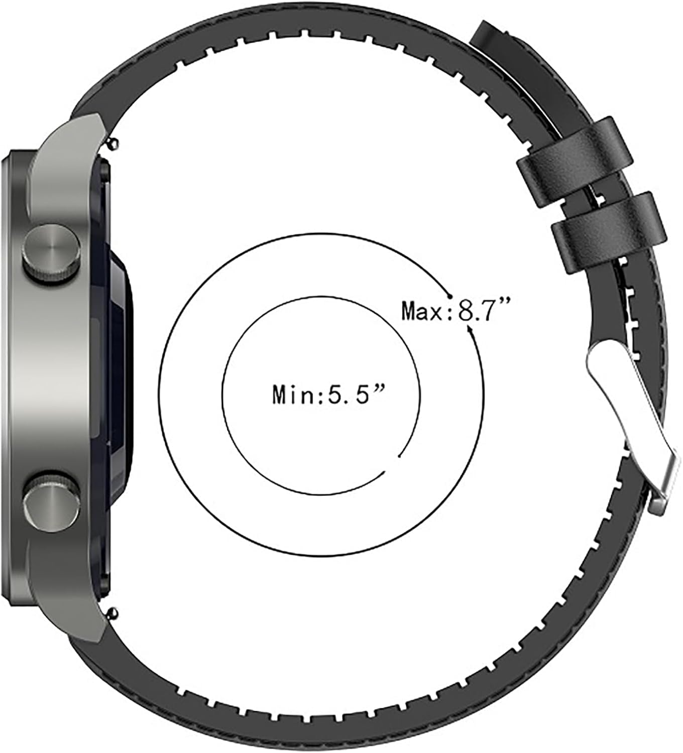 Black ID208 plus watch band replacement showing adjustable strap from 5.5 to 8.7 inches