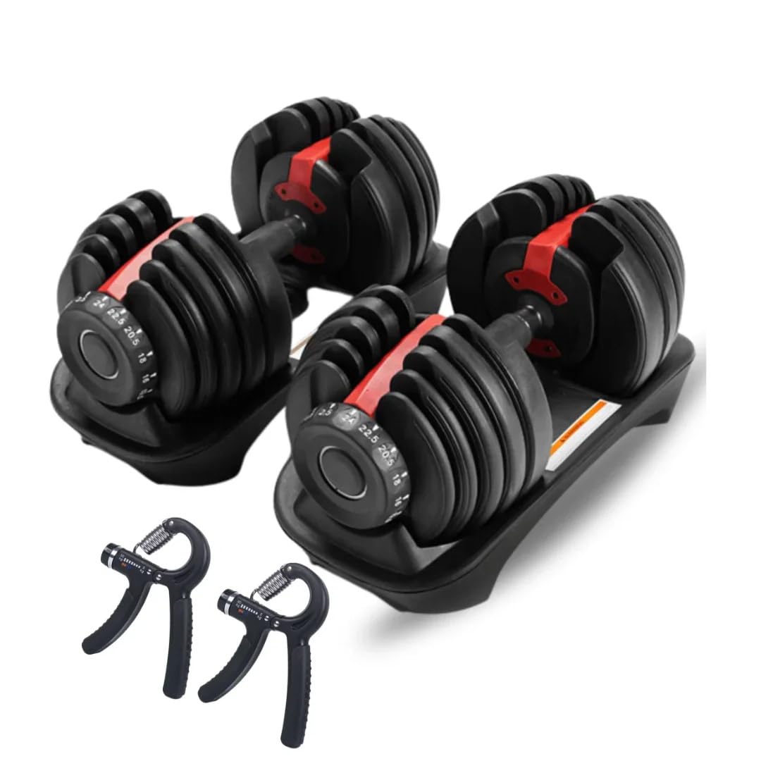 Craques adjustable dumbbells set with black and red plates and included hand grippers on black base