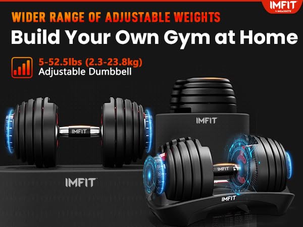 IMFIT adjustable dumbbells set with weights ranging from 5 to 52.5 lbs for home gym workouts
