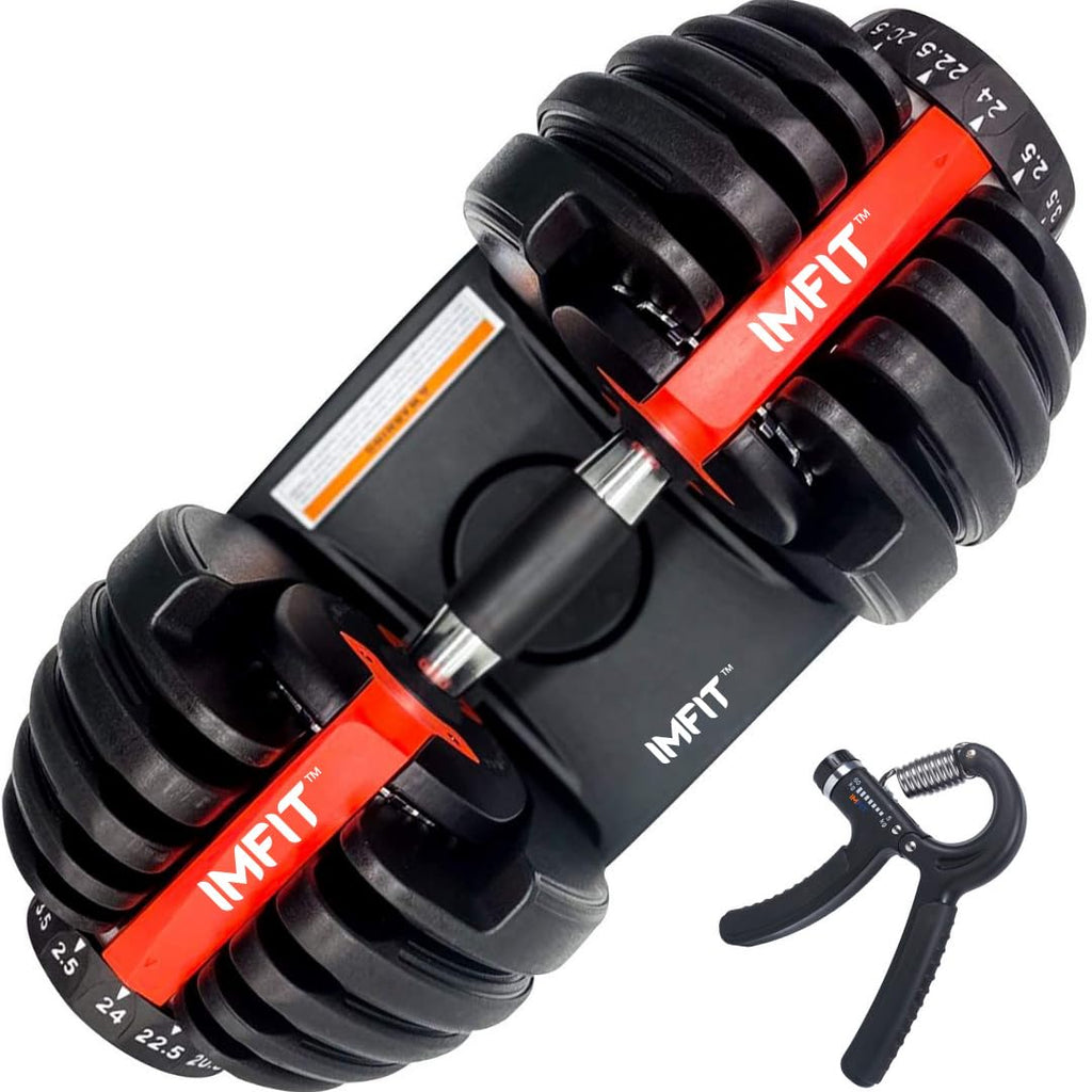 IMFIT adjustable dumbbells set with black weight plates and red handle grips on a black stand